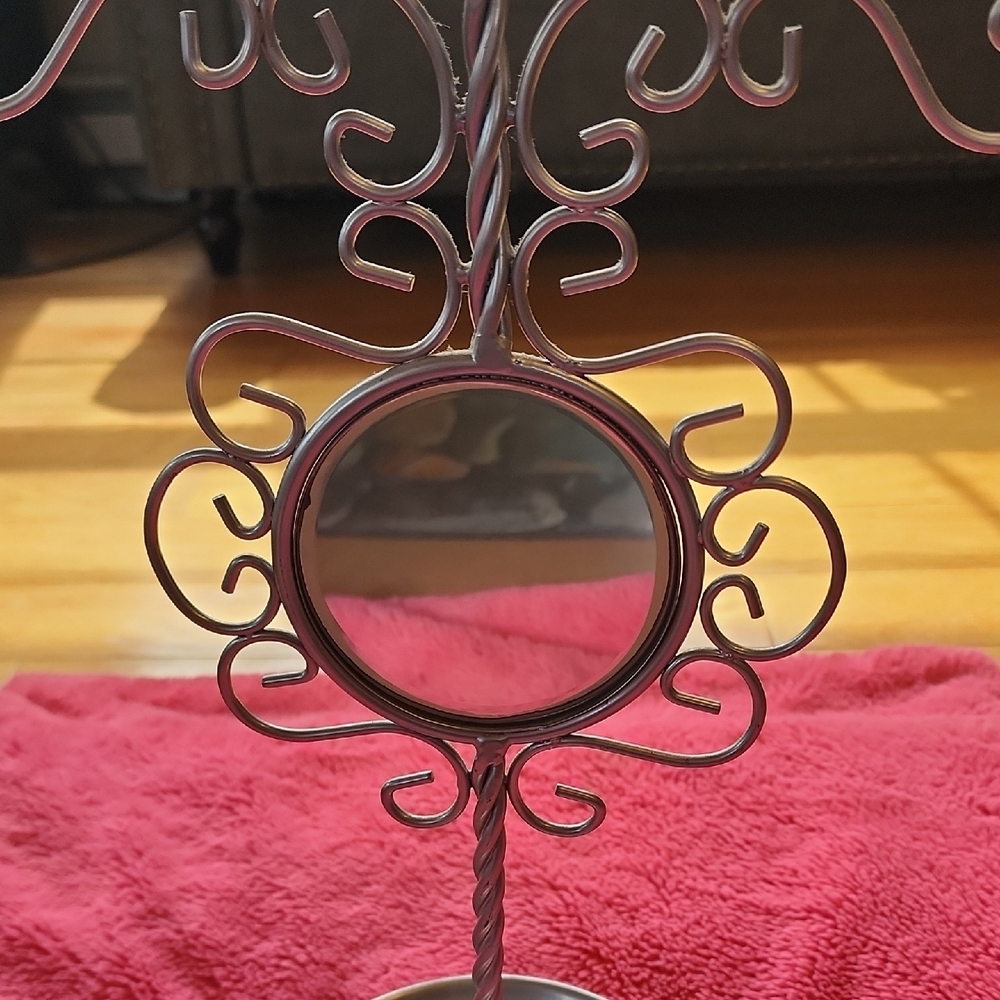 Ornate Metal Jewelry Stand with Mirror -Silvertone - Picture 4 of 7
